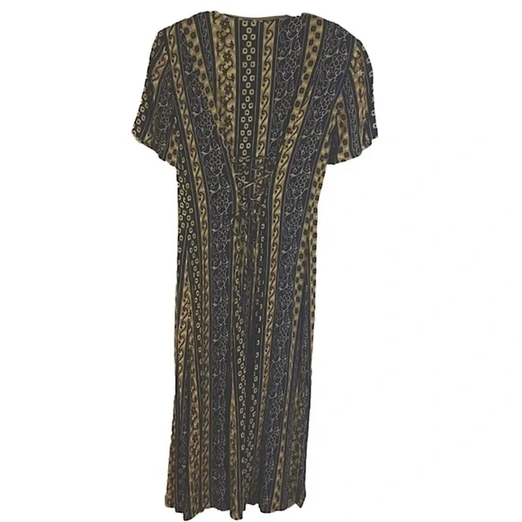 Batik Print Dress Boho Black Tan Small - Picture 2 of 11